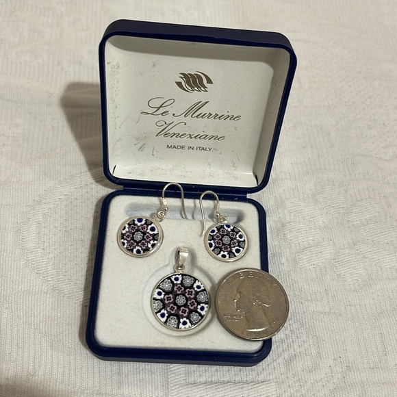 Vintage Sterling Silver and Italian Millefiore Earrings and Pendant Set - Picture 4 of 5